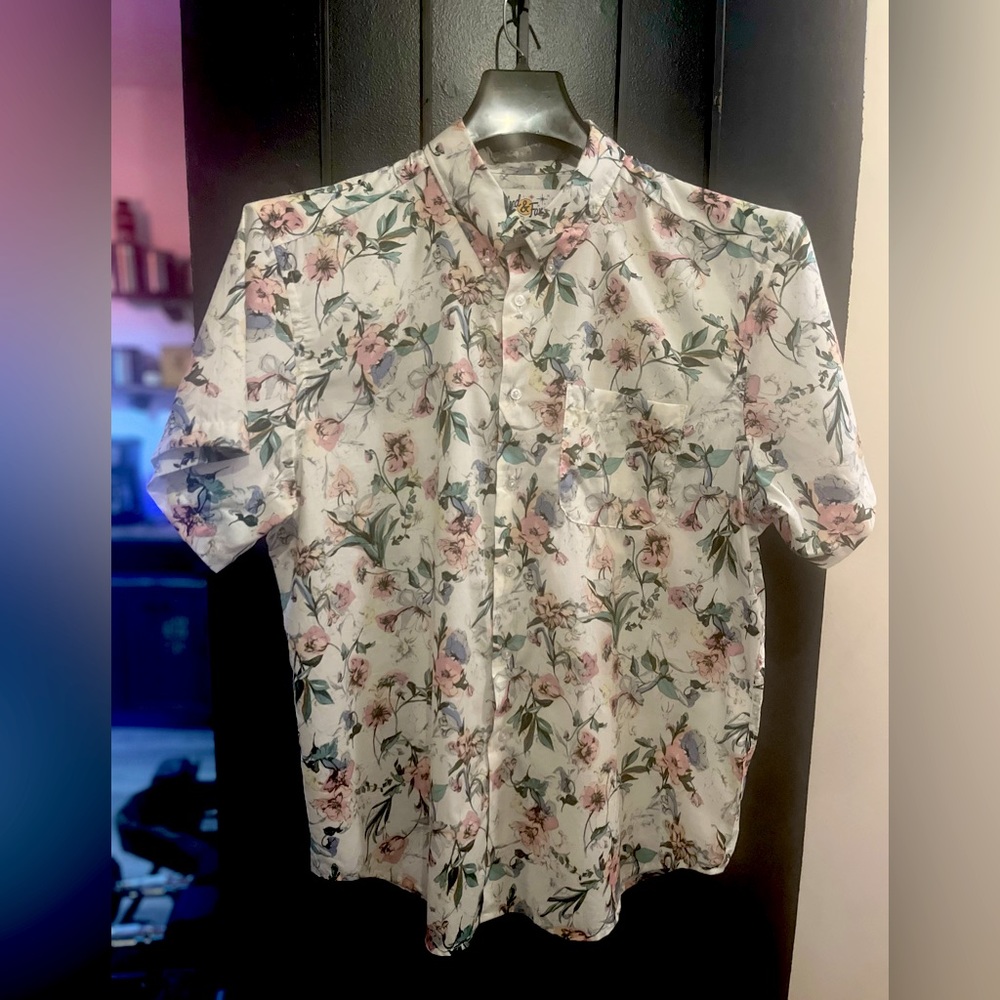 Naked & Famous Denim Floral Casual Button Down Shirt - White and Pink